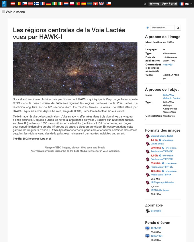 Capturé depuis le désert de l'Atacama au Chili par le VLT, ce cliché en ultra-haute résolution à permis aux astronomes de détecter les vestiges de l'un des événements les plus dramatiques et énergétiques de l'histoire de la Voie Lactée : un sursaut de formation stellaire ayant abouti à l'explosion de centaines de milliers d'étoiles.
