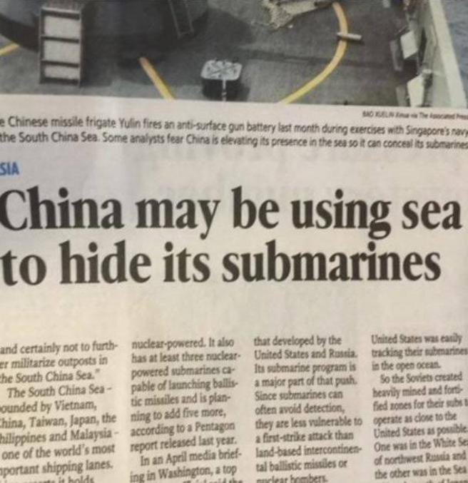 La chine pourrait utiliser la mer pour cacher ses sous marins.
