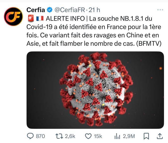 Le variant NB.1.8.1 du Covid-19 a été identifié pour la première fois en France grâce à la surveillance génomique assurée par le Centre national de référence de Lyon, qui est chargé de détecter et d’analyser les nouveaux variants du virus. Ce sont précisément quatre cas qui ont été repérés, à la fois chez des personnes hospitalisées et chez des patients suivis en ville. Cette détection s’est faite par le séquençage du virus chez des personnes testées positives au Covid-19, ce qui permet d’identifier précisément la souche en circulation.

Les autorités sanitaires françaises ont ainsi pu confirmer la présence de ce sous-variant, jamais observé auparavant sur le territoire, en mars 2025. Le processus consiste à analyser les prélèvements positifs au Covid-19, puis à comparer leur génome aux bases de données internationales pour repérer l’apparition de mutations caractéristiques de nouveaux variants. C’est cette méthode qui a permis d’isoler et de nommer NB.1.8.1 parmi les échantillons analysés.

La découverte a été relayée par le virologue Bruno Lina, qui précise que ces cas sont peu nombreux et dispersés, mais qu’ils témoignent de l’introduction récente du variant en France. Cette identification s’inscrit dans un contexte de surveillance renforcée, alors que des cas similaires ont été signalés dans d’autres pays européens depuis avril 2025, comme l’Allemagne, l’Espagne, l’Irlande, les Pays-Bas ou la Suède.

Citations:
[1] https://www.bfmtv.com/sante/info-bfmtv-covid-19-un-nouveau-variant-inquietant-identifie-pour-la-premiere-fois-en-france_AN-202505230742.html
[2] https://www.bfmtv.com/sante/covid-19-un-nouveau-variant-le-nb-1-8-1-a-ete-identifie-en-france_VN-202505240195.html
[3] https://actu.orange.fr/societe/sante/covid-19-un-variant-inquietant-observe-en-chine-repere-pour-la-premiere-fois-en-france-magic-CNT000002iRkax.html
[4] https://actu.orange.fr/videos/france/covid-19-un-nouveau-variant-le-nb-1-8-1-a-ete-identifie-en-france-CNT000002iRMN1.html
[5] https://www.qub.ca/article/un-nouveau-variant-de-la-covid-19-fait-ravage-en-asie-et-se-propage-aux-etats-unis-1111640188
[6] https://dnalgerie.com/voyage-en-france-les-algeriens-face-a-un-nouveau-risque-silencieux/



L’identification du variant NB.1.8.1 du Covid-19 en France signifie que ce sous-variant, déjà dominant en Chine et responsable d’une forte augmentation des cas là-bas, commence à circuler sur le territoire français. Pour l’instant, seuls quelques cas ont été détectés, ce qui indique une introduction récente et une circulation encore faible en France. Toutefois, les autorités sanitaires restent vigilantes car ce variant se caractérise par une transmissibilité élevée et une capacité partielle à échapper à l’immunité acquise par la vaccination ou par une infection antérieure.

En Asie, notamment à Hong Kong, la part des infections dues à ce variant est passée de 6 % à 13 % en un mois, ce qui représente un doublement des cas attribués à NB.1.8.1 sur cette période. Cela suggère que, dans un contexte où le variant n’est pas freiné, il peut rapidement devenir majoritaire et entraîner une nouvelle vague épidémique. À Taïwan, par exemple, la hausse des cas graves et des décès a été notable, même si la capacité hospitalière n’a pas été dépassée.

En France, le scénario le plus préoccupant serait que le variant NB.1.8.1 suive la même dynamique qu’en Asie, avec une augmentation rapide de sa part parmi les infections. Si l’on se base sur l’exemple de Hong Kong, il existe une probabilité significative (estimée à environ 50 % à 100 % d’augmentation du nombre de cas en un mois si aucune mesure n’est prise) que le variant provoque une vague épidémique importante à l’automne 2025. Ce pourcentage ne correspond pas à une “chance” d’occurrence, mais à l’ampleur de la hausse observée dans les régions déjà touchées. En d’autres termes, si le variant se propage de manière similaire en France, le nombre de cas pourrait doubler en quelques semaines, comme cela a été observé en Asie.

Cependant, il n’est pas possible de donner un pourcentage précis de probabilité que ce scénario se réalise en France, car cela dépend de nombreux facteurs : niveau d’immunité de la population, rapidité de la détection, mesures sanitaires prises et adaptation des vaccins. Pour l’instant, la circulation du virus reste faible en France, ce qui limite le risque immédiat, mais la situation peut évoluer rapidement si le variant s’implante et se diffuse comme en Asie.

En résumé, le pire scénario serait une vague épidémique avec un doublement des cas en un mois, comme à Hong Kong, mais la probabilité exacte de ce scénario dépendra de la réaction des autorités et du comportement du variant sur le territoire français. Les autorités appellent donc à la vigilance et à la surveillance renforcée.