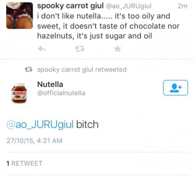 "Je n'aime pas Nutella... C'est trop d'huileux et sucré, ça n'a pas le goût du chocolat ou des noisettes, ce n'est que du sucre et de l'huile."