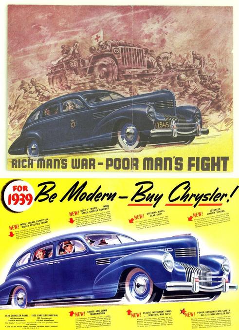 Rare et intéressant document : les concepteurs ont pompé sans vergogne sur une publicité américaine concernant la Chrysler Imperator 1939 (image du bas), ils se sont un peu embrouillé les pinceaux pour figurer l'arrière de l'automobile qu'ils ont dû imaginer; tout comme la Jeep au-dessus qui est grossièrement contrefaite.
Le but est souvent le même : la guerre de l'homme riche, avec un profil sémite caractéristique = le cigare très "capitaliste" et, pour que nul ne l'ignore l'étoile de David sur la portière, tout ça en contraste avec le combat de l'homme pauvre subissant toutes les avanies et les horreurs de la guerre.
J'ai découvert ce document cette semaine, je ne l'avais jamais vu auparavant, faut dire que ça sent vraiment la fin (cf "1945" sur le pare-chocs). Pour votre info, j'ai recherché la pub Chrysler adéquate sur le web.