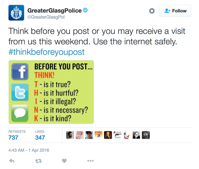La police du Grand Glasgow (Écosse) menace de faire des descentes chez les citoyens osant tweeter du contenu ne lui convenant pas (à savoir le contenu "faux, blessant, illégal, pas nécessaire, méchant, ...).  

Souvenez-vous bien : 2+2=5