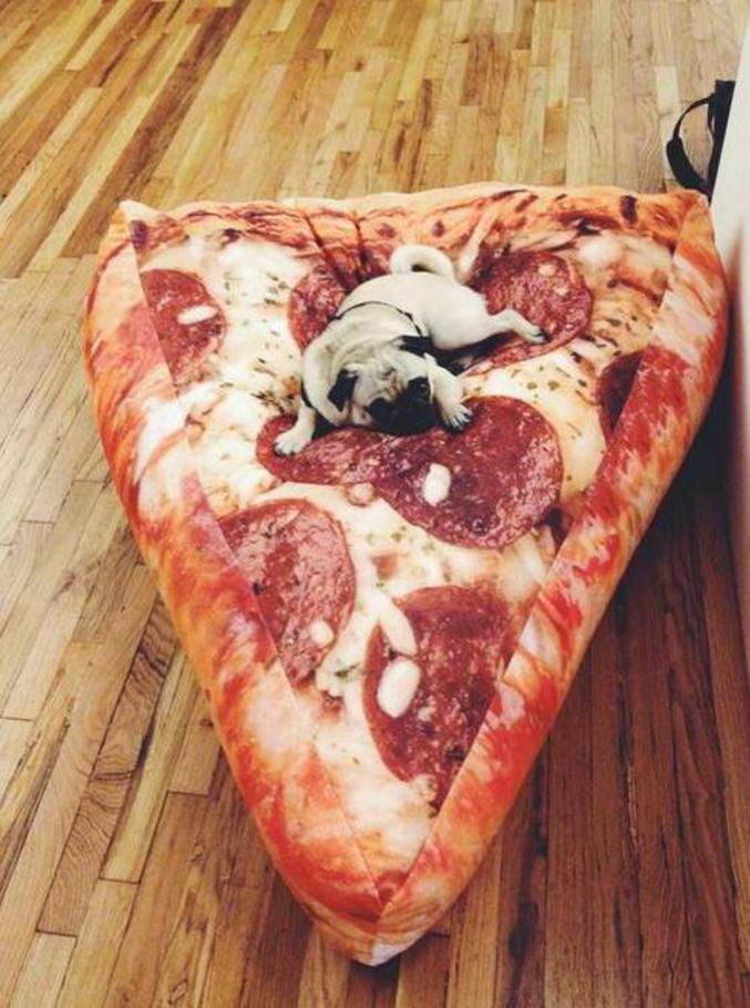 Un gros coussin en forme de part de pizza.