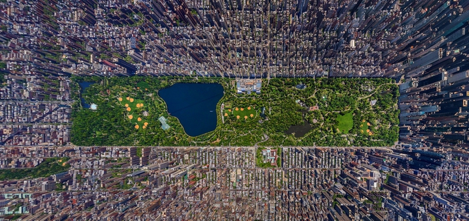 Vue aérienne de Central Park (New York) par la méthode de distorsion panoramique haute résolution (cliché de Sergey Semonov, lauréat du Epson International Photographic Pano Awards)