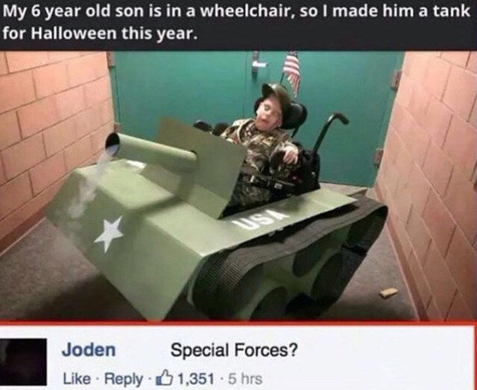 "Mon fils de 6 ans est en fauteuil roulant, alors je lui ai fait un déguisement de tank pour cet halloween".