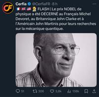 Le prix NOBEL de physique a été DÉCERNÉ au Français Michel Devoret, au Britannique John Clarke et à l'Américain John Martinis pour leurs recherches sur la mécanique quantique.