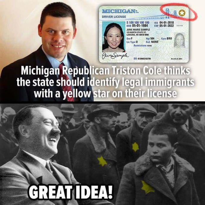Un sénateur Républicain du Michigan, Triston Cole, propose de mieux identifier les migrants légaux en apposant une étoile jaune sur leur permis de conduire.