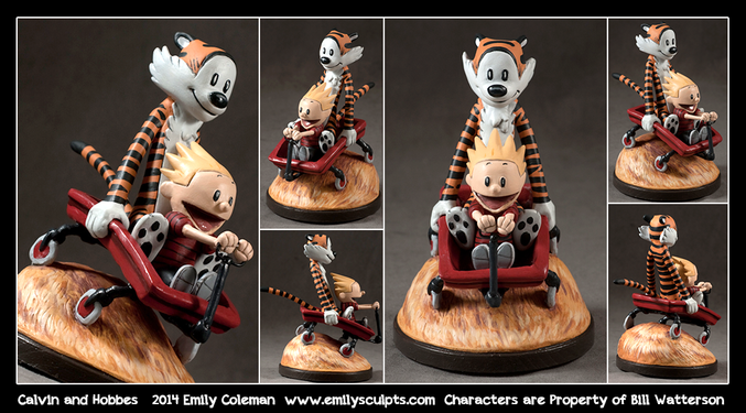 Figurine des personnages principaux de la bande-dessinée "Calvin et Hobbes" de Bill Waterson par Emily Coleman
