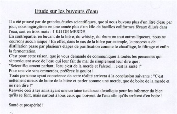 Une étude prouve que l'alcool est meilleur que l'eau pour notre santé.