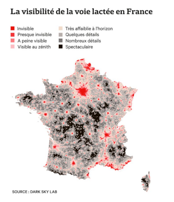 Cette carte vient d'une campagne pour faire baisser sa consommation d'énergie de 30 % en dix ans, la ville de Paris va passer 78.000 lumières anciennes en LED. « C'est beaucoup, l'équivalent de l'intégralité du parc de Marseille ! » 
Mais l'éclairage public n'est pas seul à devoir encore évoluer. Environ 40 % des nuisances lumineuses proviennent de l'éclairage privé, celui des centres commerciaux, des enseignes, des rooftops, des parkings, des grandes copropriétés…