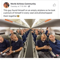 Seul dans l'avion, ce type se photographie à toutes les places vides et photoshop fait le reste !