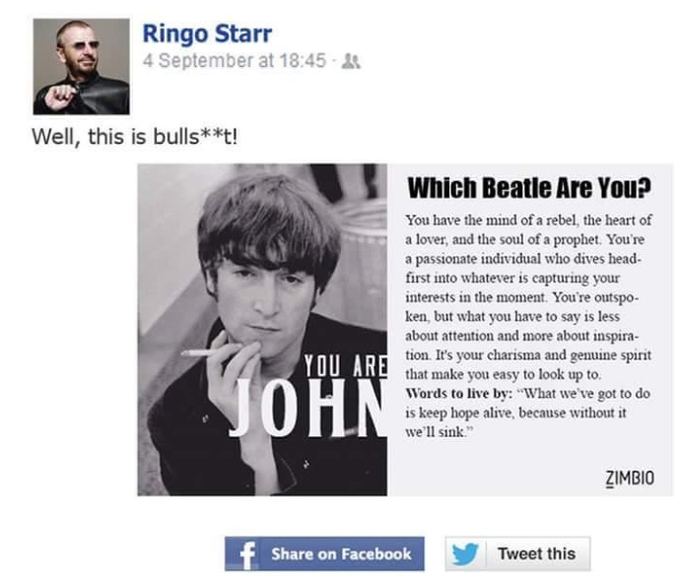 Oh oui Ringo tu es une Starr...Heu non un Lennon

Je rappelle qu'à la question : "Ringo est-il le meilleur batteur au monde?" John Lennon a répondu : "Ce n'est même pas le meilleur batteur parmi les beatles"...Ce qui était sûrement vrai.
