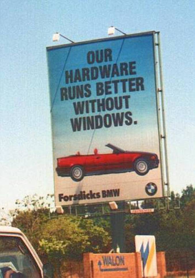 Une publicité pour BMW sous entendant de ne pas utiliser windows