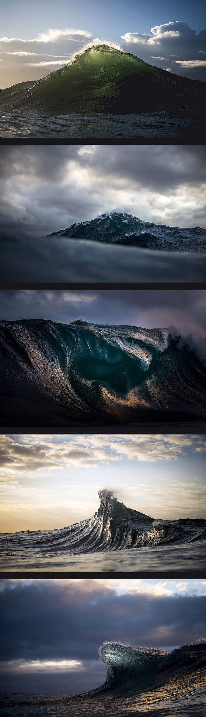 « Des montagnes d’eau » est une série du photographe australien Ray Collins. Passionné par les vagues depuis 2007, il capture l’instant fatidique où celles-ci s’apprêtent à disparaître dans la mer.