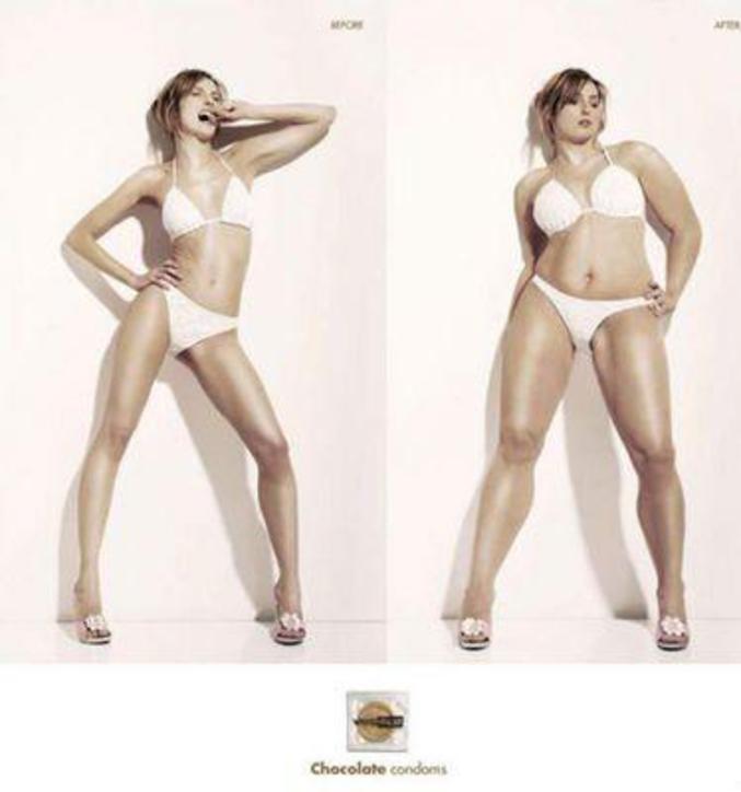 Une femme avant et après l'utilisation de préservatifs au chocolat.