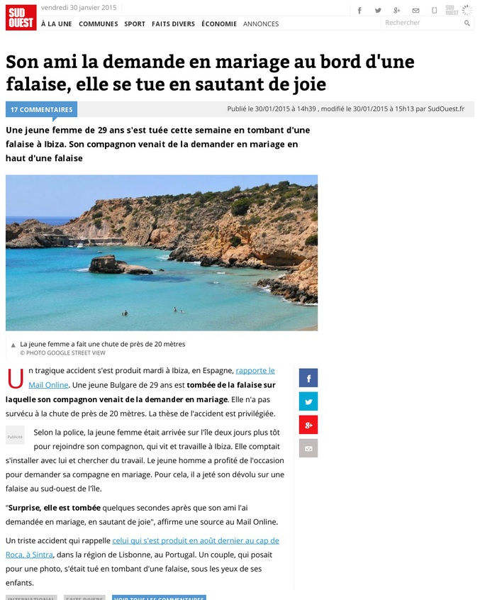 Une jeune femme de 29 ans s'est tuée cette semaine en tombant d'une falaise à Ibiza. Son compagnon venait de la demander en mariage en haut d'une falaise
