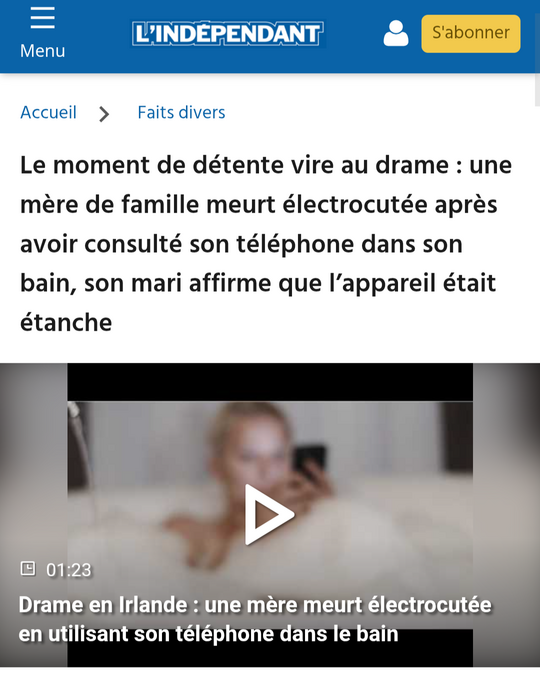 Claude François fait encore des émules 47 and après...

Le téléphone était en charge.

https://www.lindependant.fr/2025/10/01/le-moment-de-detente-vire-au-drame-une-mere-de-famille-meurt-electrocutee-apres-avoir-consulte-son-telephone-dans-son-bain-son-mari-affirme-que-12964517.php

