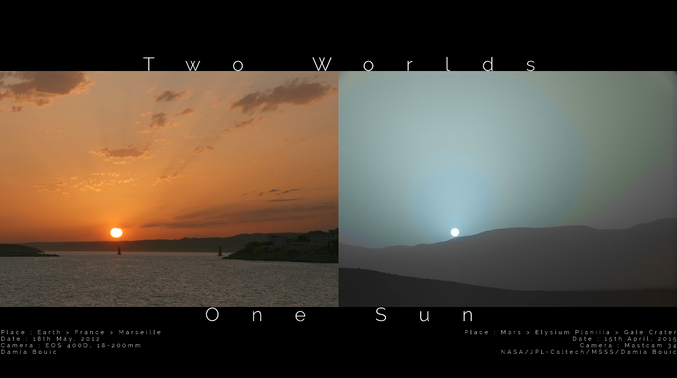 Le soleil, vu depuis la Terre et Mars. Même zoom pour les deux images: la différence de taille du soleil sur ces deux images est entièrement due aux différentes distances le séparant des deux planètes.
Crédit: Damia Bouic. https://twitter.com/db_prods/status/596619691398930432