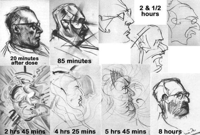 Ces 9 dessins sont issus d'une expérience par le gouvernement US dans les années 50. Son premier dessin commence 20 minutes après la première ingestion de dose (50ug).