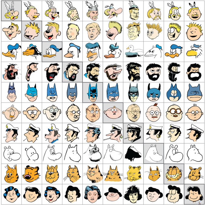 Dix personnages de BD dessinés dans le style de chacun de leurs dix créateurs.