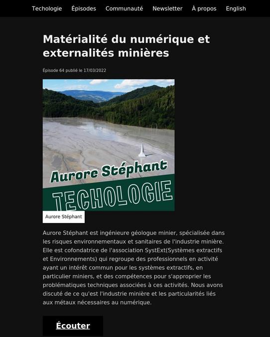 Interview d'Aurore Stéphant sur ce qu'est l'industrie minière et les particularités liés aux métaux nécessaires au numérique.

Aurore Stéphant est ingénieure géologue minier, spécialisée dans les risques environnementaux et sanitaires de l'industrie minière.