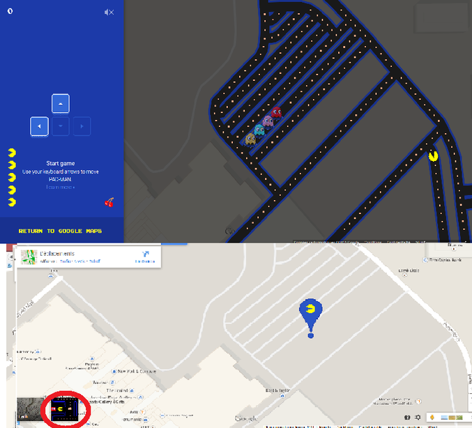 Il y a une application Pac-Man sous Google Map. Vous pouvez maintenant créer un niveau de Pac-Man dans votre rue. 
Y a une icône en bas à gauche. Si ça n'apparait pas taper pacman dans la barre de recherche.
