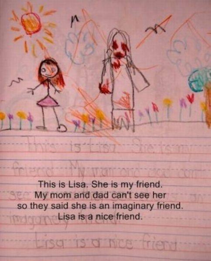 Voici Lisa. C'est mon amie. Ma maman et mon papa ne peuvent la voir alors ils disent que c'est une amie imaginaire. Lisa est une chouette amie.