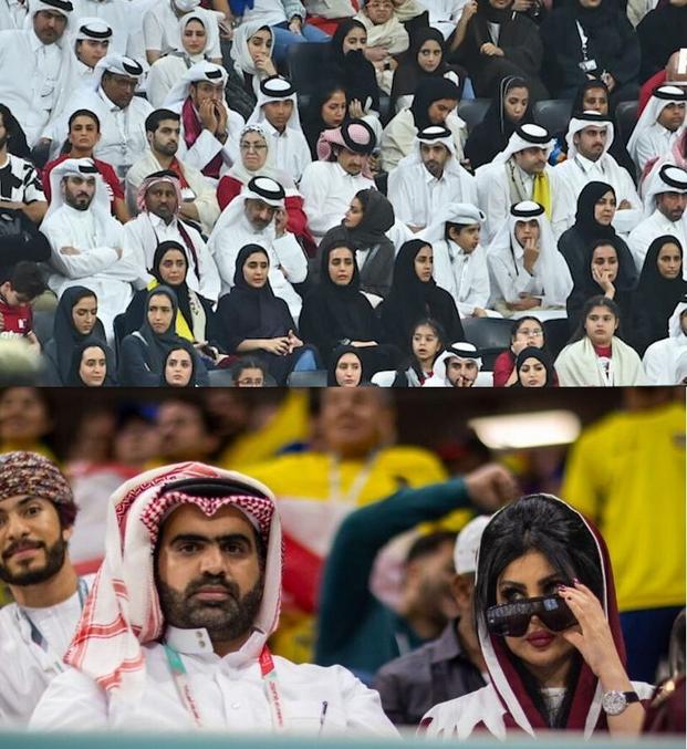 Public clairsemé par endroits, tribune qatari ennuyeuse à mourir sauf un qui a emmené sa (jolie) épouse à l'écharpe aux couleurs nationales (malheureusement, cette belle n'a oté ses lunettes noires que quelques secondes).
