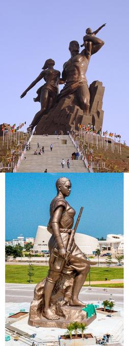 A l'image des grandes statues nord-coréennes, des pays africains se lancent dans la démesure alors que le petit peuple a faim. En haut "La renaissance africaine", Dakar (Sénégal), 52m de haut. En bas "L'amazone" à Cotonou (Bénin), une trentaine de mètres de haut.
