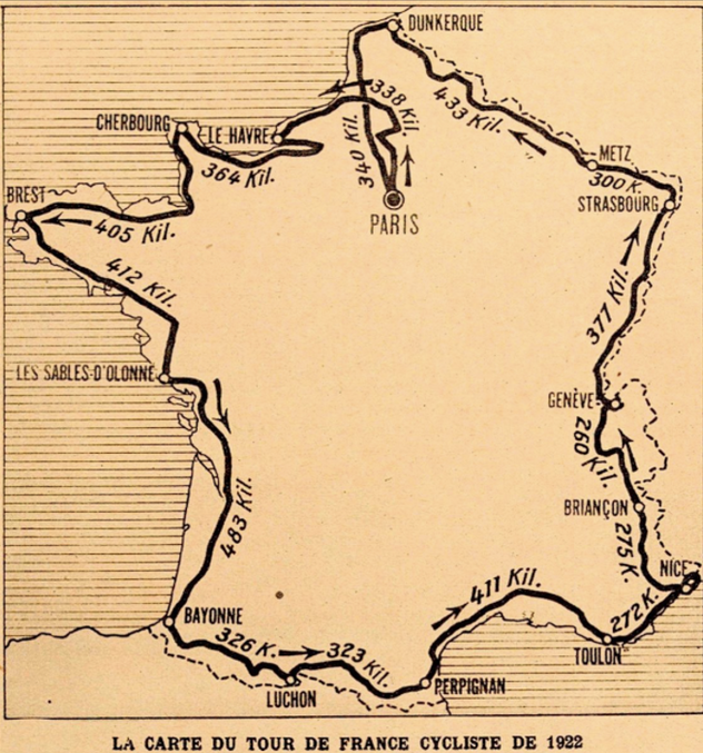 La carte du Tour de France 1922 
15 étapes pour 5 375 kilomètres.