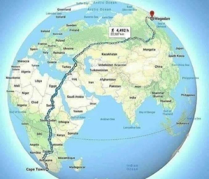 Du Cap en Afrique du Sud à Magadan en Russie. 
22387km en 4492 heures .

Des partants ?