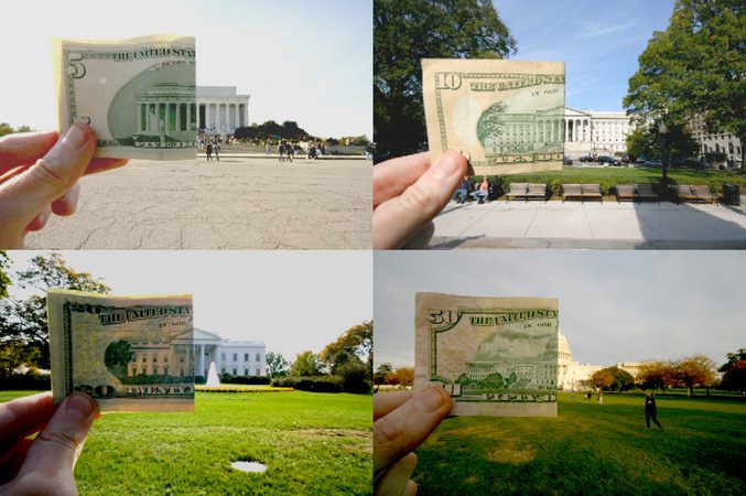 Une comparaison entre les dessins sur les billets de dollar et les vrais batiments représentés.