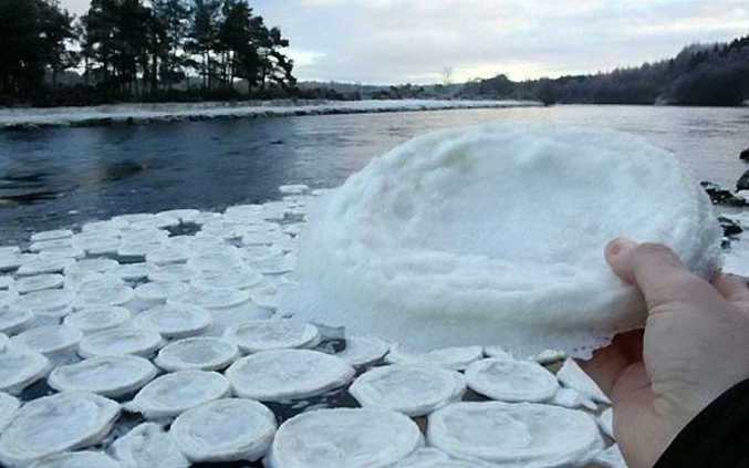 Décembre 2014, Dee River (Lummels Pool, Aberdeenshire, Ecosse) : de l'écume se fige sous l'action du froid pour former des structures charactéristiques appelées 'ice pancakes'. Ce phénomène est fréquent sur les côtes de l’Arctique mais reste assez rare dans les rivières du nord de l'Europe et d'Amérique.