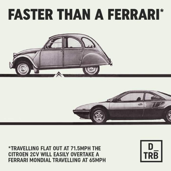 * Pied au plancher à 115 km/heure, une Citroën 2CV doublera facilement une Ferrari mondiale roulant à 104 km/heure.

C'était un peu notre Deuche qualität...