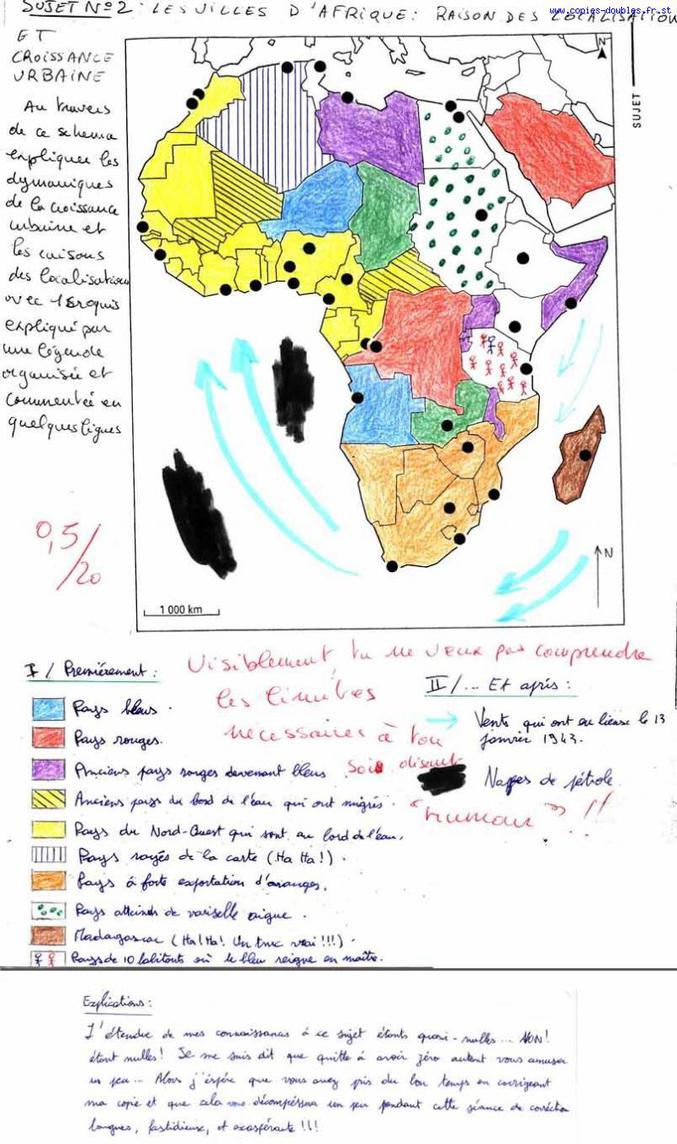 Une carte géopolitique de l'Afrique très complète réalisée lors d'un examen.