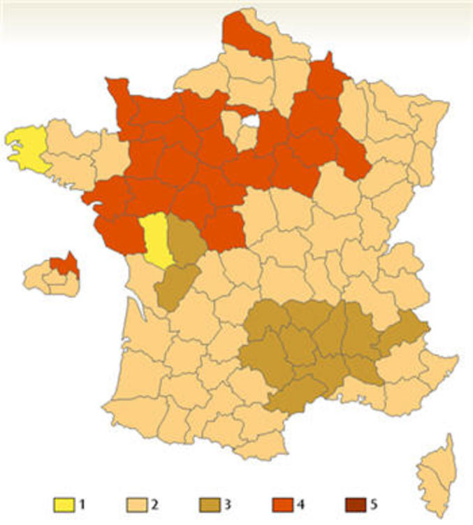 Une carte de France représentant le nombre de bises par département.