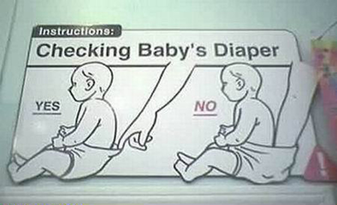 Un panonceau qui indique comment vérifier si la couche d'un bébé est sale.