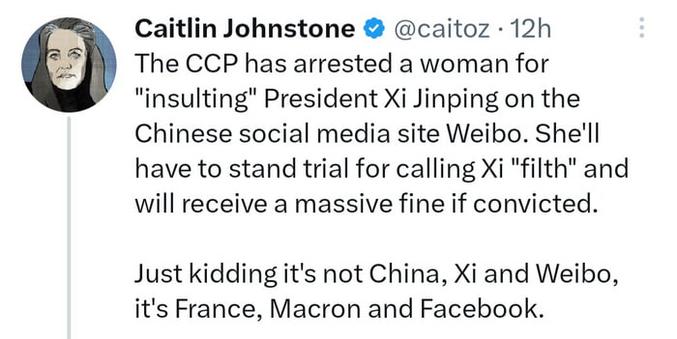 Pour les plus fainéants des moins anglophones:
Caitlin Johnston
@caitoz. 12h
Le PCC a arrêté une femme pour avoir «insulté» le président Xi Jinping sur le site de médias sociaux chinois Weibo. Elle devra être jugée pour avoir qualifié Xi d' "ordure" et recevra une amende massive si elle est reconnue coupable.
Je plaisante, ce n'est pas la Chine, Xi et Weibo, c'est la France, Macron et Facebook.

Du french bashing bien justifié cette fois…
