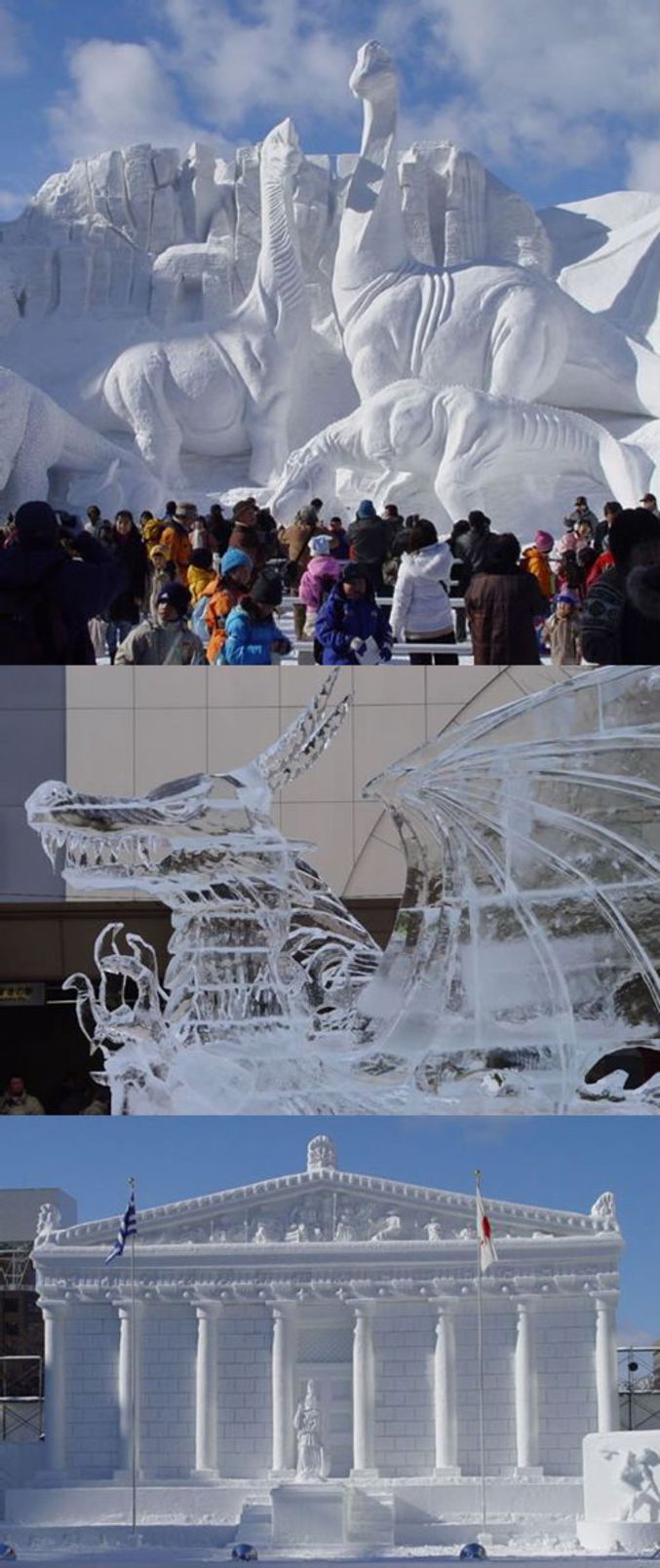 Des dinosaures sculptés dans de la neige