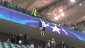 Legia Warsaw fan (Style Ninja) runs away after clashes after match vs BVB.  