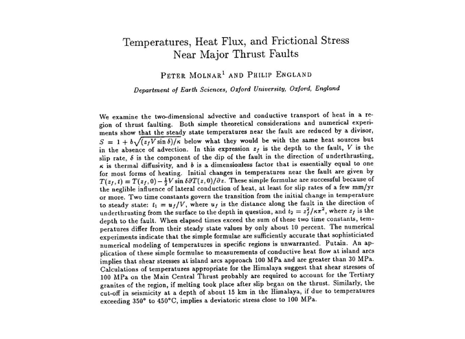 Le résumé d'un article de géologie, assez important en matière de compréhension du risque sismique, comporte une petite perle à la française. (Molnar & England, 1990. Temperatures, heat flux, and frictional stress near major thrust faults. JGR, 95, B4, pp 4833–4856).