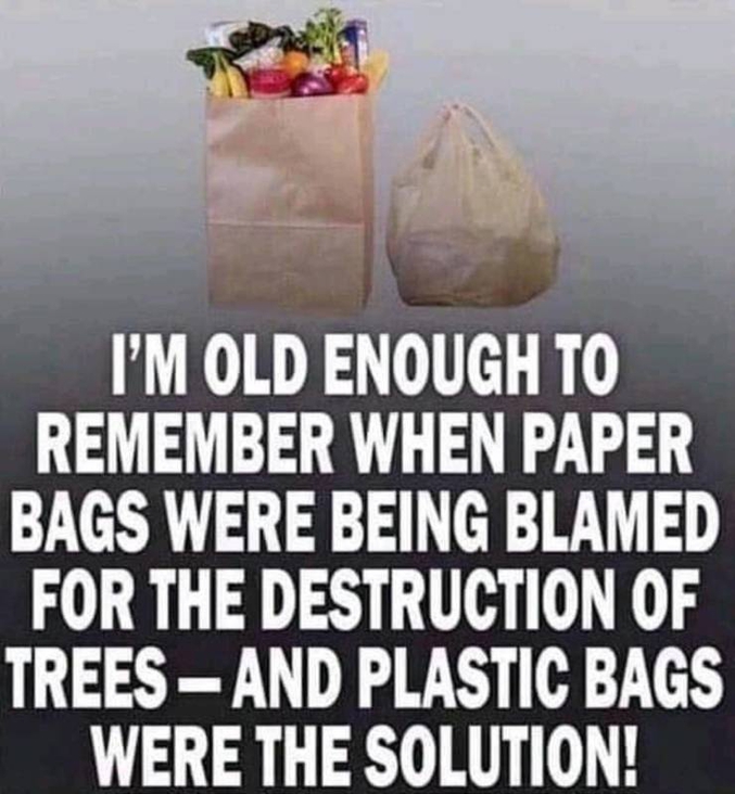 pour les anglophobes :
je suis assez âgé(e) pour me souvenir de l'époque où les sacs en papier étaient blâmés pour la destruction des forêts... et que les sacs plastiques étaient la solution !