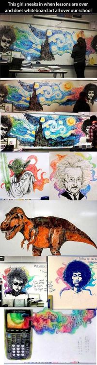 Elle s'introduit en classe après les cours pour dessiner sur les tableaux