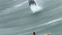 Un surfeur et un dauphin dans une vague