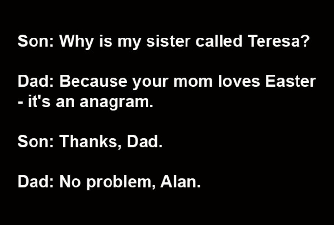 Fils : Pourquoi ma soeur s'appelle Teresa ?
Papa : Parce que ta mère aime Pâques (Easter, en anglais), c'est un anagramme.
Fils : Merci, Papa.
Papa : Pas de problème, Alan.