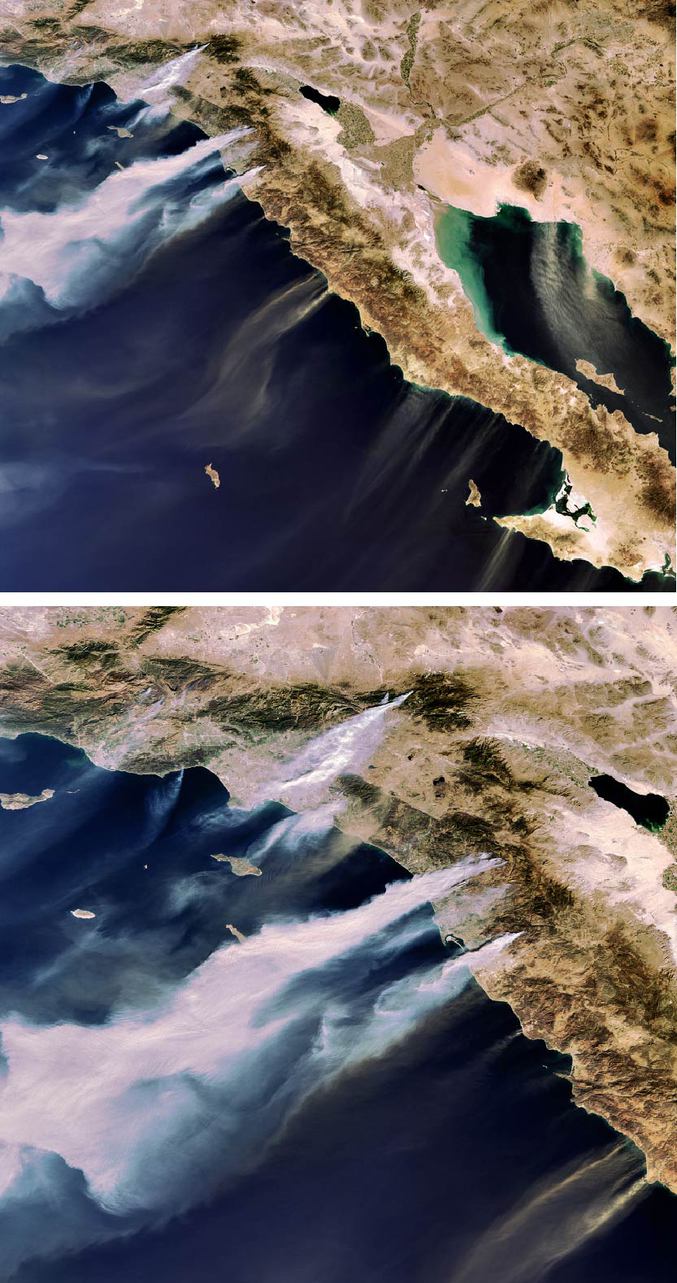 Vue satellite des feux en Californie (22 octobre 2007)