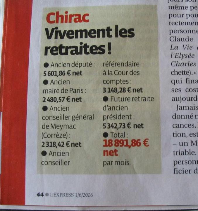 La future retraite de Jacques Chirac, une belle petite somme.
