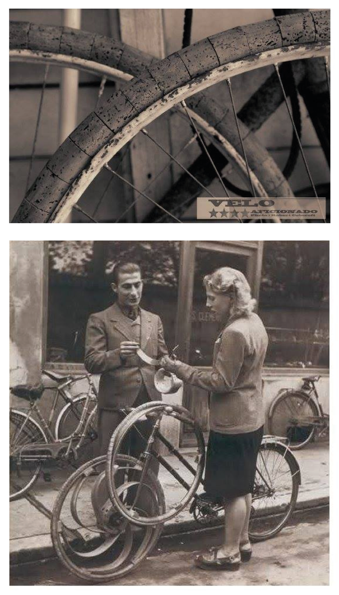 Pendant la Seconde Guerre Mondiale, les chambres à air et pneus étaient introuvables autrement que le modèle allemand qui imprimait des croix gammées au passage des vélos (voir modèle en commentaire). Les Français réparaient alors leur roue en assemblant des bouchons les uns avec les autres.