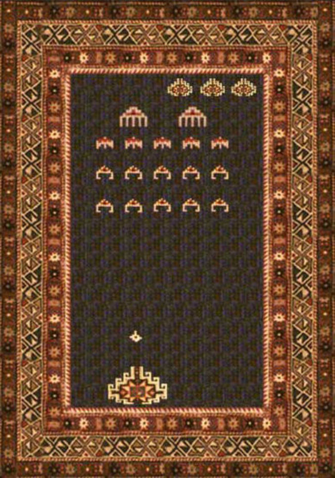 Le style classique d'un tapis oriental en mettant en scène sur celui-ci une représentation du mythique Space Invaders