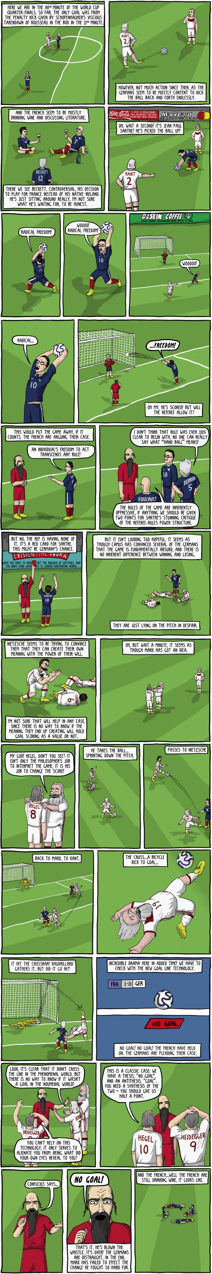 Et si un match de foot de la Coupe du Monde réunissait des philosophes...
(Bande-dessinée de Existantial Comics)